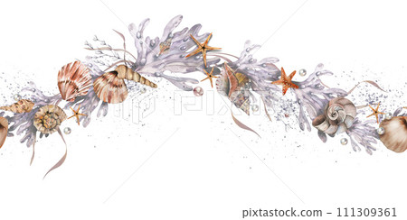 marine-themed seamless banner. shells, corals, starfish, algae. watercolor illustration. isolated on a white background. For fabric, textiles, wallpaper, clothing beach, summer accessories marine-themed seamless banner. shells, corals, starfish, algae. watercolor illustration. isolated on a white background. For fabric, textiles, wallpaper, clothing beach, summer accessories 111309361