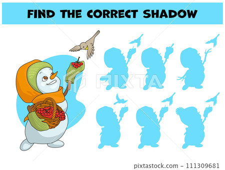Find the correct shadow. Cute snowman girl with basket of berries feeding birds. Choose correct answer. Matching game. Colorful cartoon characters. Funny vector illustration. On white background 111309681