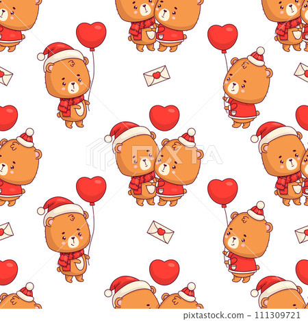 Seamless romantic pattern with loving bear teddy with hearts and balloon on white background. Funny kawaii animal girl and boy character. Vector illustration. valentine backdrop Seamless romantic pattern with loving bear teddy with hearts and balloon on white background. Funny kawaii animal girl and boy character. Vector illustration. valentine backdrop 111309721