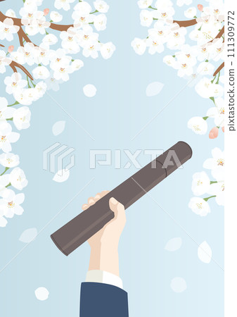 Vector illustration of holding up a diploma tube under a cherry tree 111309772