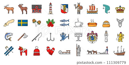 Sweden color line, outline icons, Swedish landmarks and travel vector symbols. Swedish flag and Stockholm tourism attractions, culture, food and art of Scandinavian Sweden and Vikings Sweden color line, outline icons, Swedish landmarks and travel vector symbols. Swedish flag and Stockholm tourism attractions, culture, food and art of Scandinavian Sweden and Vikings 111309779
