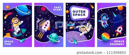 Space posters and flyers. Astronauts, alien and rocket spaceship between galaxy space planets and stars. Galaxy travel vector banners with kid astronaut and alien cheerful personages flying in galaxy 111309803