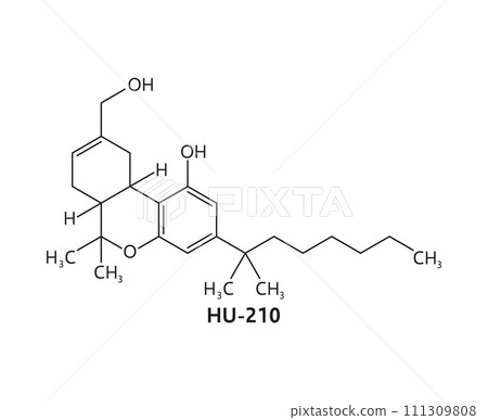 HU-210 drug molecule and chemical formula structure of narcotic substance, vector model. HU-210 synthetic cannabinoid, psychoactive stimulant and narcotic drug in molecular formula structure 111309808
