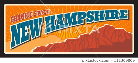 New Hampshire american granite state, vintage travel plate. Vector tin plaque, sign for tourist destination, retro board, antique signboard typography. Touristic Concord capital, Manchester city 111309809