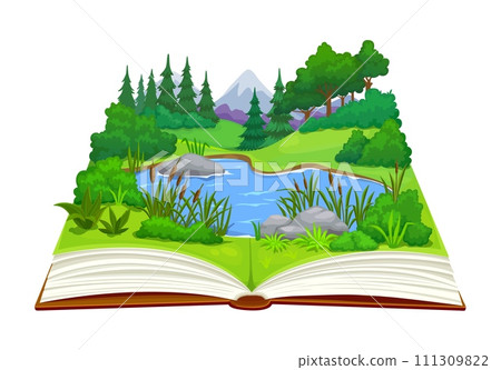 Cartoon opened book with pond or lake, mountains and forest landscape. Vector open storybook about nature, capturing beauty of rocks and lush woods, transporting readers to tranquil natural journey 111309822