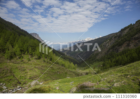 Ganter Bridge in the valley in de distance in Valais, Switzerland 111310360