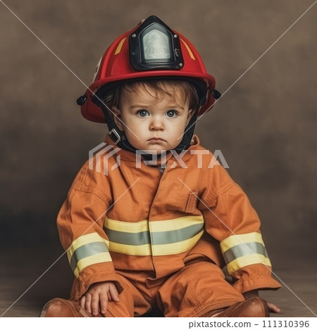 Portrait of a little boy in a firefighter suit sitting looking at camera. Small child wearing an orange firefighter costume and a big helmet on a dark background. Kid boy in a fire protections suit. Portrait of a little boy in a firefighter suit sitting looking at camera. Small child wearing an orange firefighter costume and a big helmet on a dark background. Kid boy in a fire protections suit. 111310396