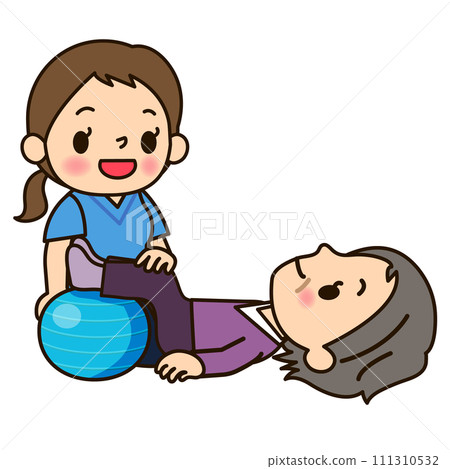 Senior rehabilitating using a balance ball Senior rehabilitating using a balance ball 111310532