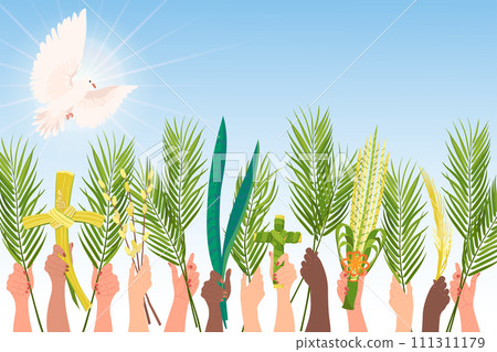 Palm Sunday celebrations. Hands of people of different nationalities are raised with palm branches, sansevieria and a cross. White dove in the sky, the embodiment of the holy spirit. Vector. Cartoon. 111311179