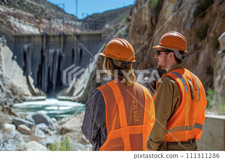 Engineer collaborating on a hydroelectric dam project, considering environmental impact and energy output. 111311286