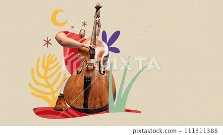 Talented young man playing double bass over abstract beige background. Contemporary art collage. 111311388