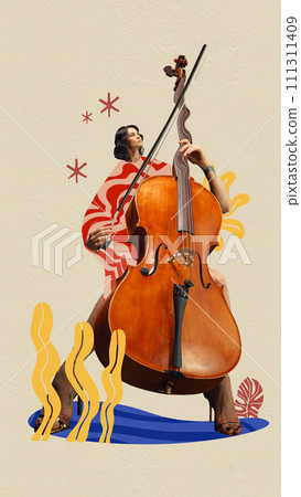 Symphony. Man playing double bass against pastel background. Contemporary art collage. Symphony. Man playing double bass against pastel background. Contemporary art collage. 111311409