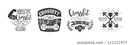 Crossfit Workout and Fitness Gym Label and Emblem Vector Set 111311477