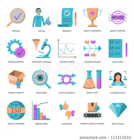 Quality assurance flat icon set. Quality assurance flat icon set. 111311610