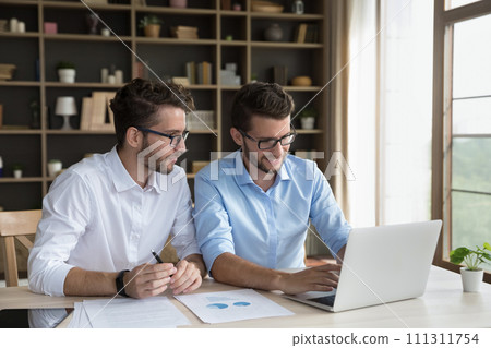 Two male twins business partners sit at desk using laptop 111311754