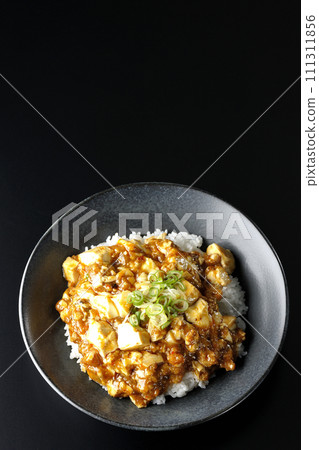 黑色背景下的麻婆碗,上面放著大量的豆腐和蔥,鳥瞰圖 黑色背景下的麻婆碗,上面放著大量的豆腐和蔥,鳥瞰圖 111311856