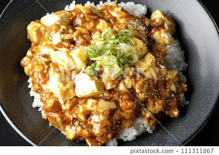 黑色背景下的麻婆碗，上面放著大量的豆腐和蔥，鳥瞰圖 111311867