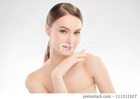 Beautiful young woman with clean fresh skin on white background, Face care, Facial treatment, Cosmetology, beauty and spa, women portrait. 111311927
