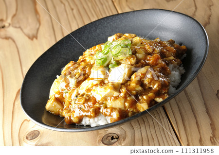 麻婆碗裡有大量的豆腐和長蔥 麻婆碗裡有大量的豆腐和長蔥 111311958