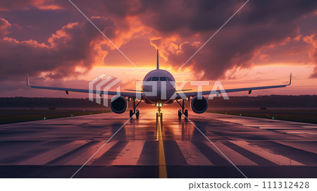 Passenger plane on the runway at sunset Passenger plane on the runway at sunset 111312428