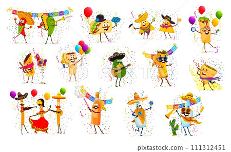 Mexican tex mex food characters on holiday party. Isolated vector set jalapeno, taco, nachos and burrito. Enchiladas, tamales, avocado and quesadilla or churros. Tequila, mezcal and pulque personages 111312451