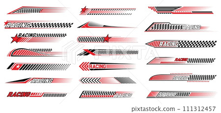 Red race sport car stripe stickers, racing line decals. Bike championship victory or wining banners, car race competition checkered flag pattern or motocross sport decals with finish or start flag 111312457