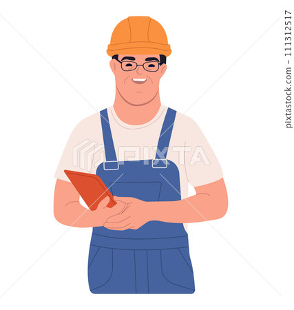 Social integration concept. A happy man with down syndrome is standing in a helmet and suit. A young man with Down syndrome works in an industrial enterprise. 111312517