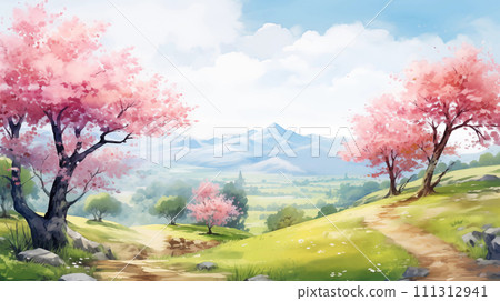 手绘卡通唯美的春天风景水彩插画 手绘卡通唯美的春天风景水彩插画 111312941