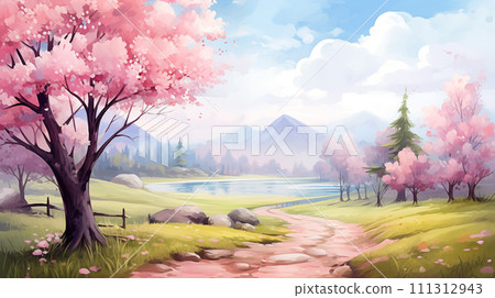 手绘卡通唯美的春天风景水彩插画 111312943