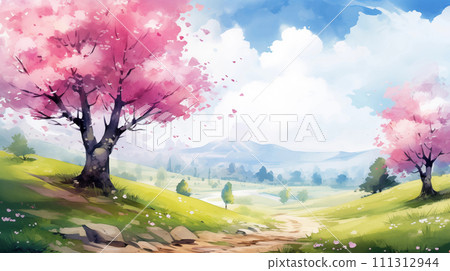 手绘卡通唯美的春天风景水彩插画 111312944