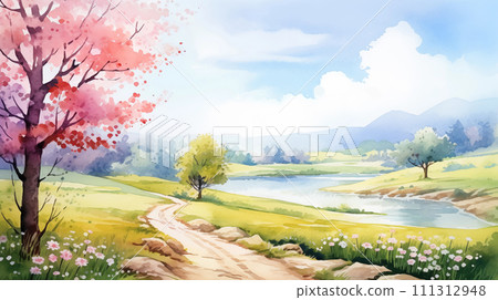 手绘卡通唯美的春天风景水彩插画 111312948