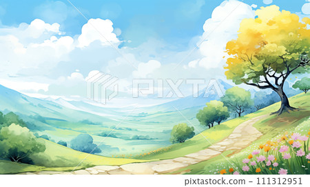 手绘卡通唯美的春天风景水彩插画 111312951