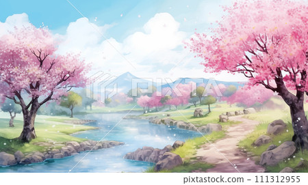 手绘卡通唯美的春天风景水彩插画 111312955