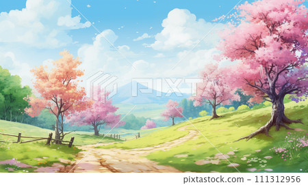 手绘卡通唯美的春天风景水彩插画 手绘卡通唯美的春天风景水彩插画 111312956