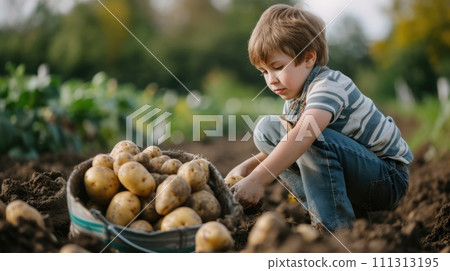Young Boy Harvesting Potatoes in Field Young Boy Harvesting Potatoes in Field 111313195