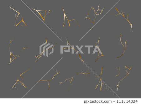 Gold kintsugi on black background. Crack and broken effects. Marble texture. Luxury elements for wall art, wallpaper, wedding card, social media. Modern vector illustration. Japanese style 111314024