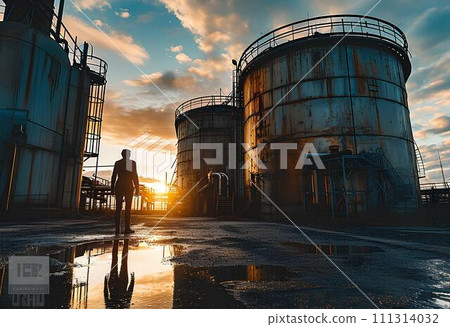 Man standing in front of oil refinery at sunset. Energy industry concept 111314032