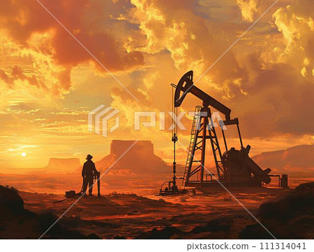 Man standing in front of oil refinery at sunset. Energy industry concept 111314041