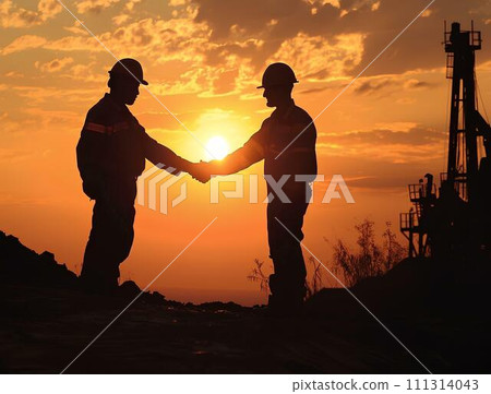 Man standing in front of oil refinery at sunset. Energy industry concept 111314043