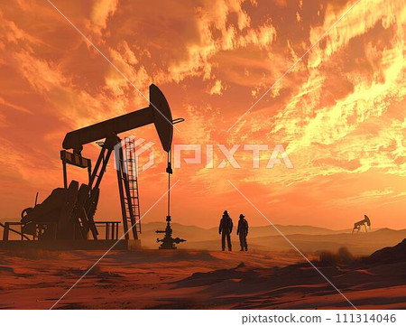 Man standing in front of oil refinery at sunset. Energy industry concept 111314046
