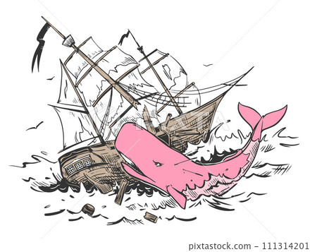 The legendary sperm whale attacks the ship. Feminism concept, female power able to cope with obstacles. A mythical monster that sank a sailboat. Vector illustration in engraving style. 111314201