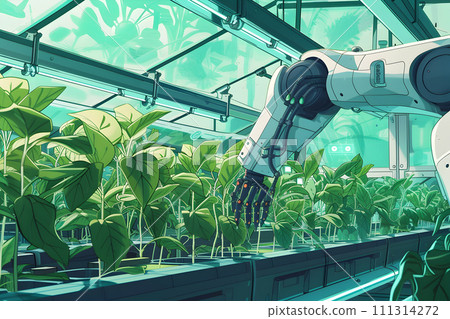 AI-generated content. Technology in agriculture- robotic hand takes after plants in the greenhouse AI-generated content. Technology in agriculture- robotic hand takes after plants in the greenhouse 111314272