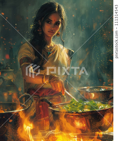 Indian woman preparing traditional food Indian woman preparing traditional food 111314543