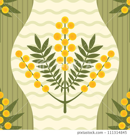 Geometric floral vector seamless pattern. Modern symmetrical yellow flowers and leaves on green striped background. Australian Wattle plant drawn with brush texture. Mimosa flower repeated background 111314845