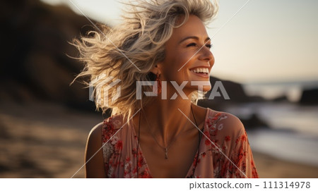 Radiant Senior Woman Smiling at Beach 111314978