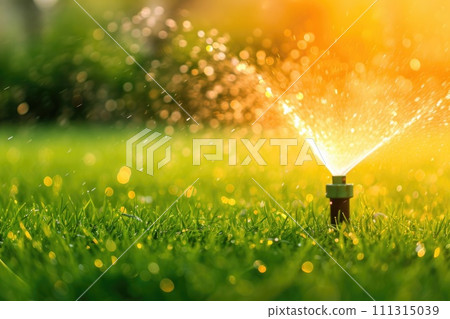 Automatic sprinkler lawn watering system water in motion blur. Copy space image 111315039