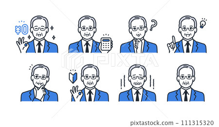 Facial expression icon illustration set material of a senior man wearing a suit Facial expression icon illustration set material of a senior man wearing a suit 111315320