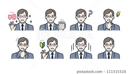 Facial expression icon illustration set material of a middle-aged man wearing a suit Facial expression icon illustration set material of a middle-aged man wearing a suit 111315328