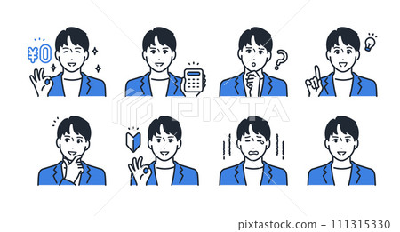 Facial expression icon illustration set material of a young man wearing a casual suit 111315330
