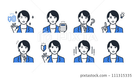 Young business woman facial expression icon set material 111315335